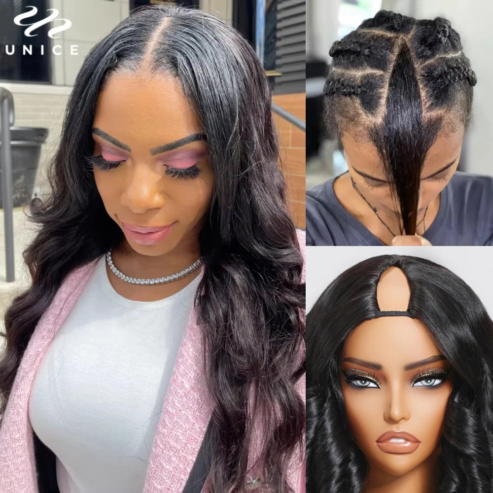 UNice Hair Drawstring Body Wave V Part Wig Natural Color 100% Human Hair Wigs Clip In V-Part Wig Mini Leave Out 150% Density