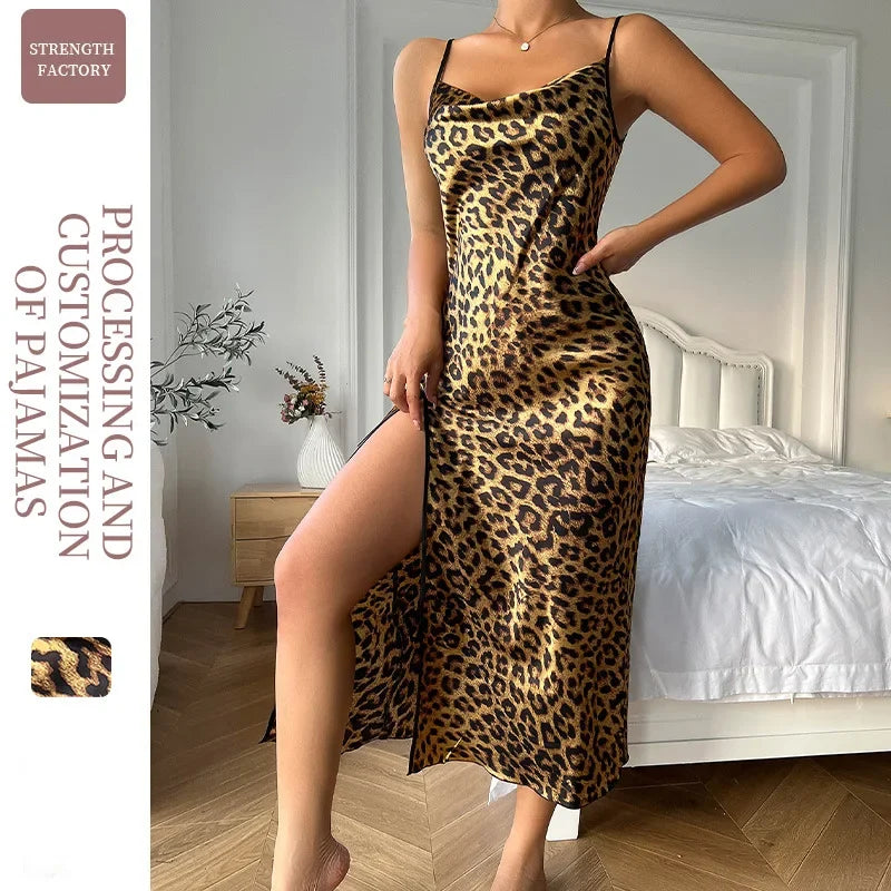 Fashion Backless Slit Ice Silk Camisole Skirt Nightgown Women's Summer Thin Breathable Imitation Silk Sexy Leopard Print Pajamas