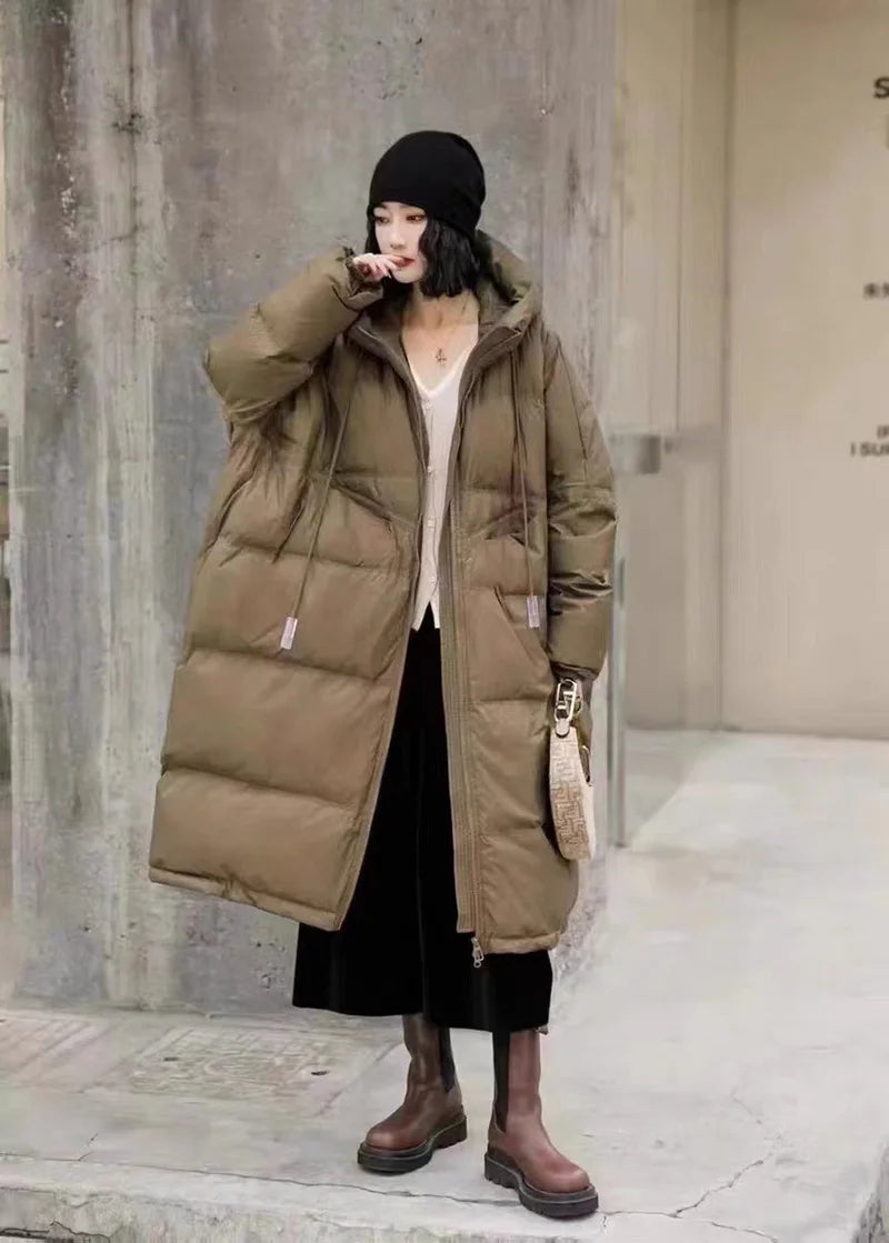 Schinteon Women White Duck Down Jacket with Hood Autumn Winter Warm Long Outwear Over Size Loose Coat 2025 New