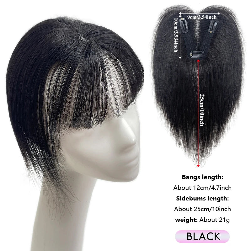 25cm 100% Human Hair 9*10cm Hairnet Black Dark Brown Clip in Hair Topper Extension with Bangs Top Wig Piece