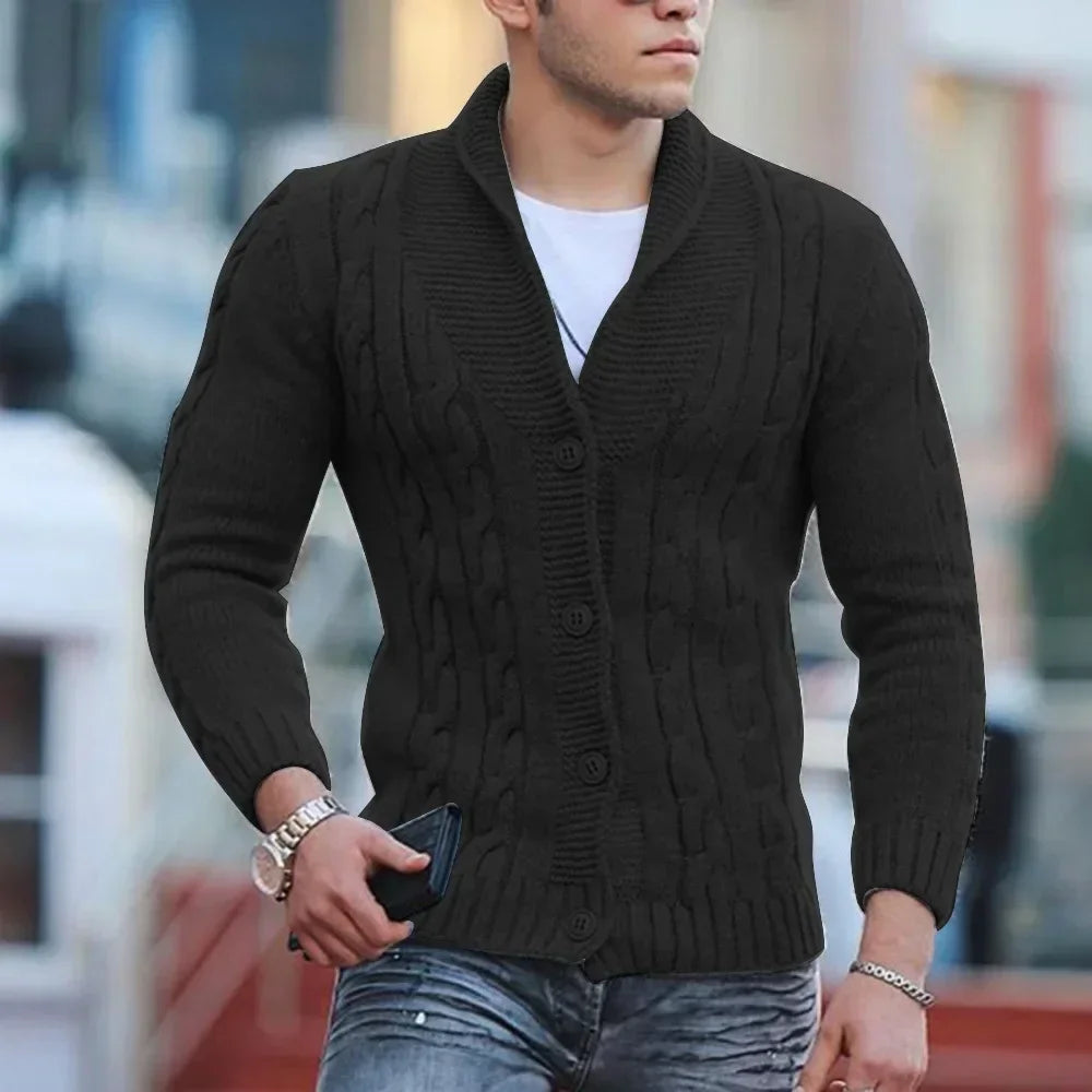 Autumn Winter Men's Warm Knitted Sweater Solid Single-breasted Twisted Texture Cardigan Lapel Slim Buttoned Thick Sweater Male