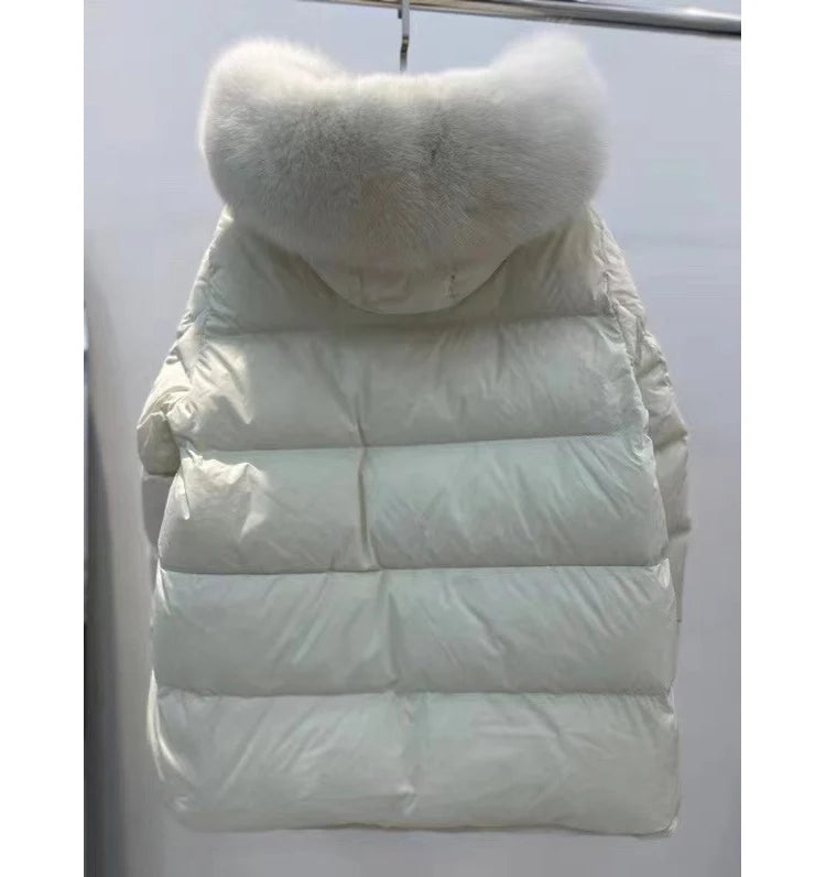 Schinteon Women 100% Real Fox Fur Collar White Duck Down Jacket with Hood Autumn Winter Warm Casual A-lined Warm Outwear Cape