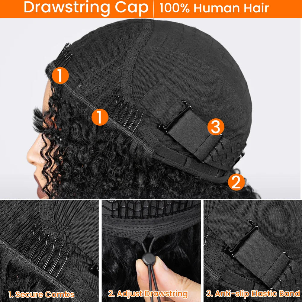 Auburn Brown Color 3 IN 1 Kinky Curly Half Wig Human Hair Clip-in Upgrade Glueless Wig Machine Made Invisible Hairline