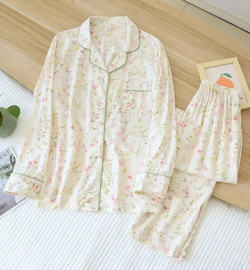 New Spring And Summer Ladies Pajamas Two-piece Viscose Long-sleeved Trousers Big Flower Cardigan Comfortable Home Service Set