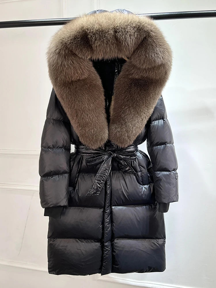 Janveny Winter Real Natural Fox Fur Hooded Long Puffer Down Jacket Women 90% Goose Down Coat Thick Warm Female Shiny Parkas