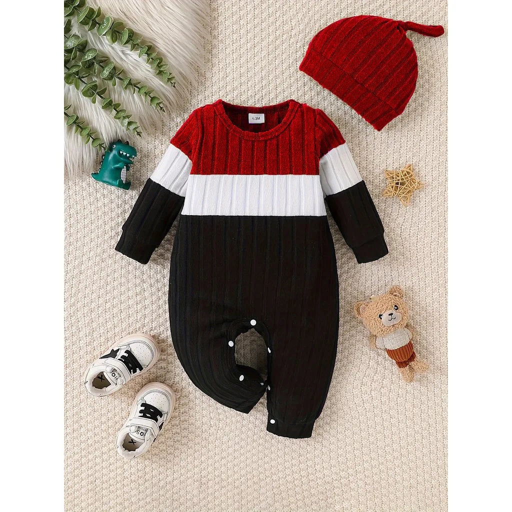 3 Colours Autumn Bodysuits Newborn Baby Boy Long Sleeve Colour Block Romper+Hat Simple Onesie Jumpsuit for Toddlers 1-18Months
