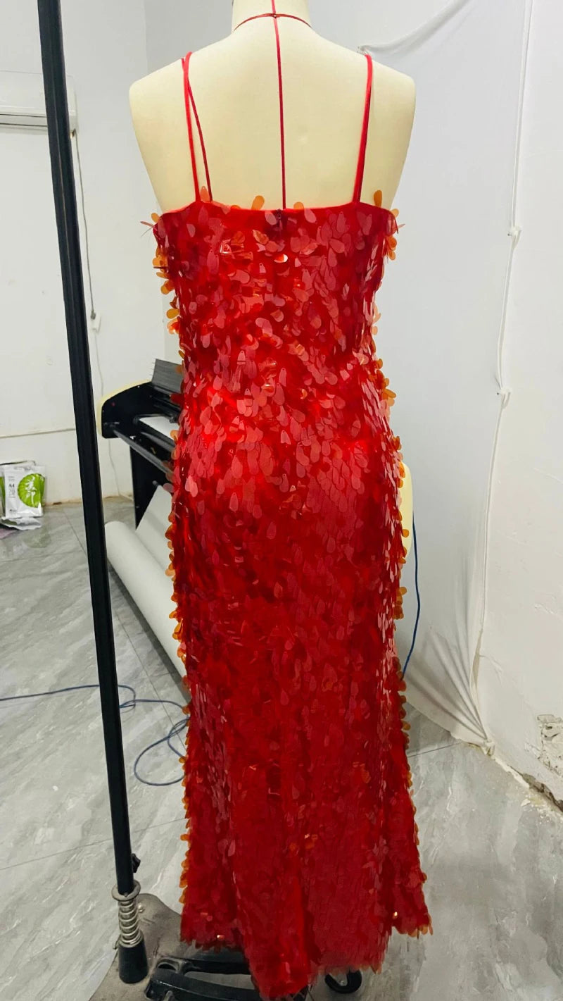 Sexy Women Maxi Dresses Elegant Sequins Sleeveless Female Long Dress Fashion  Solid Deep V Neck Ladies Party Robe Dress