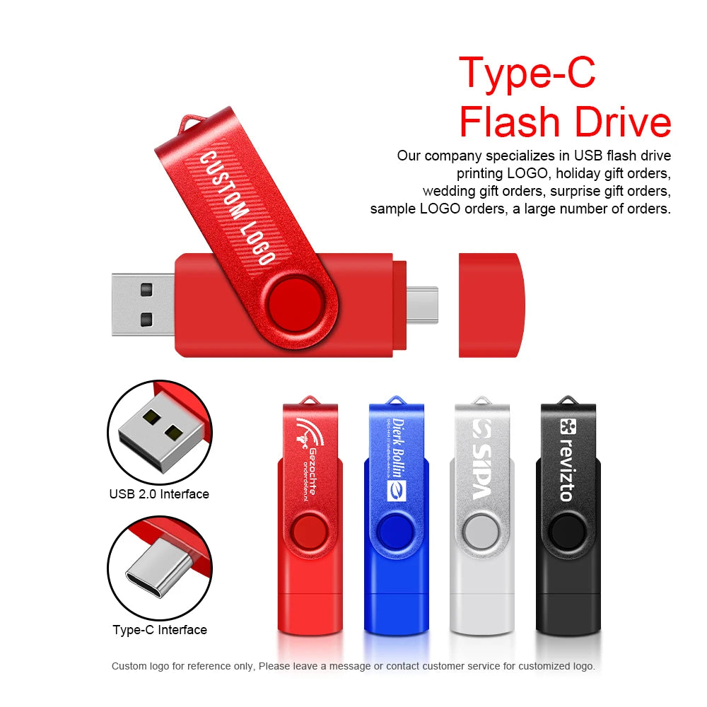 2 in 1 OTG Usb flash drive 256G 128GB 64GB Pendrive 32GB 16GB memory Stick 8GB 4GB Pendrive cle usb 2.0 key with Type C Adapter