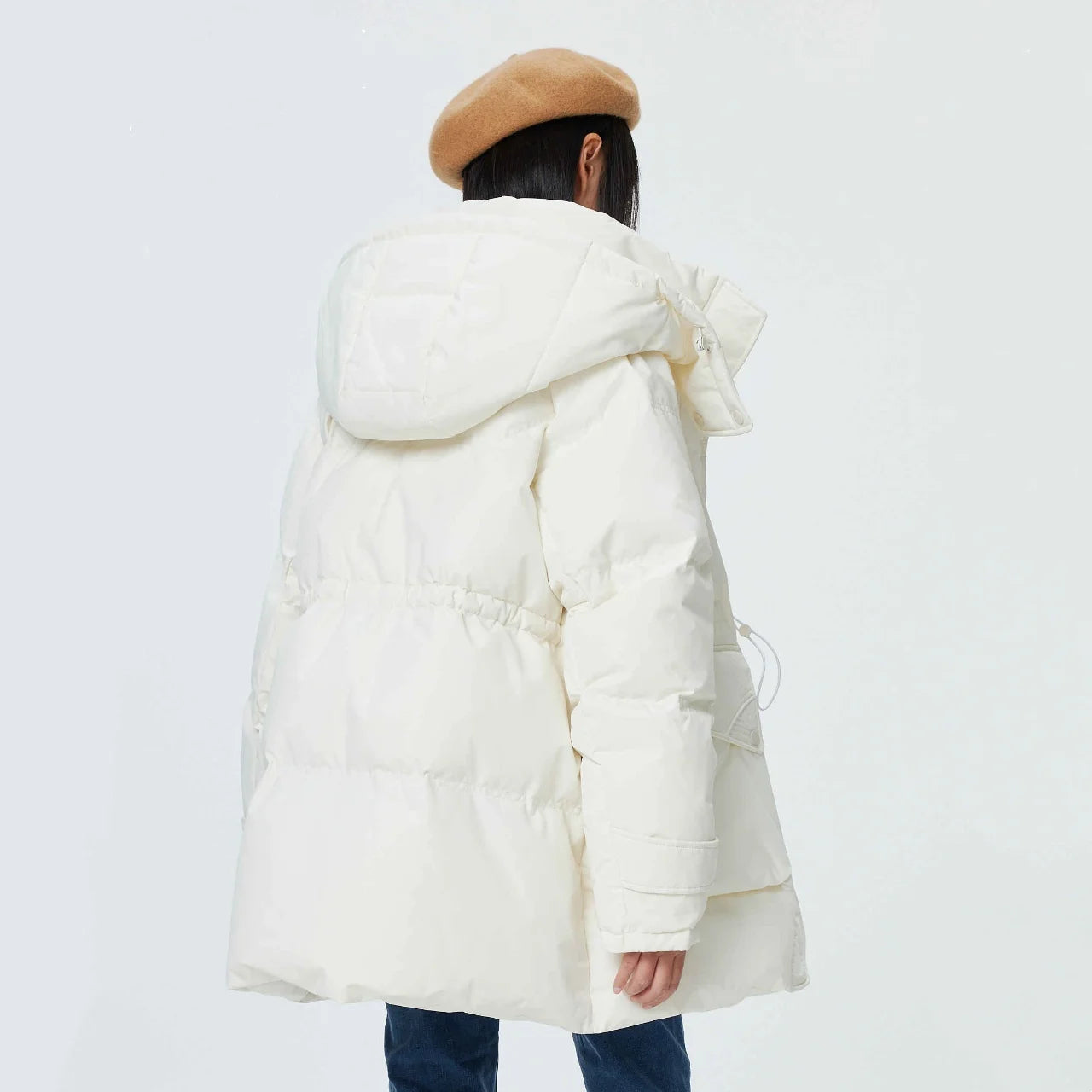 Metersbonwe Women's  Oversized Long Hooded Down Jacket Adjustable Pig Nose Buckle Waist Belt Utility Duck Down Parka Warm Winter