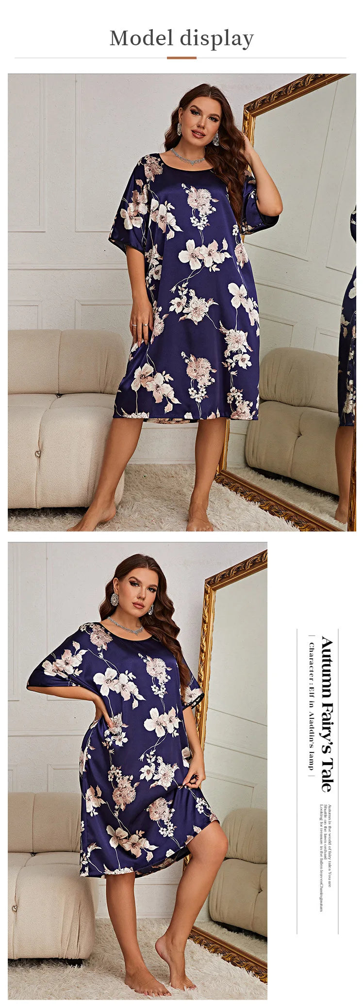 Plus Size Silk Satin Short Sleeves O Neck Women Nightgown Floral Print Sleepwear Nightwear Female Homewear Lounge Clothes