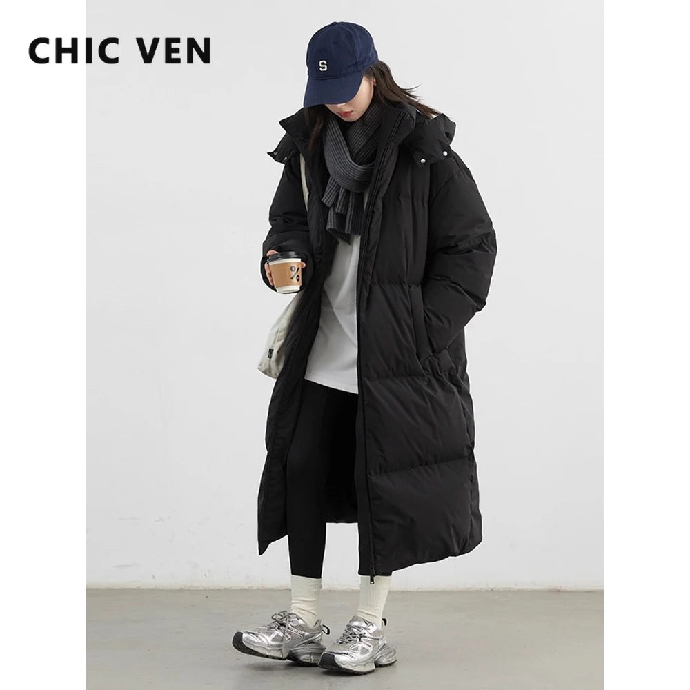 CHIC VEN Fashion Women Down Coats Hooded Thick Loose Solid Female 90 White Duck Down Jacket Ladies Topcoat Autumn Winter 2025