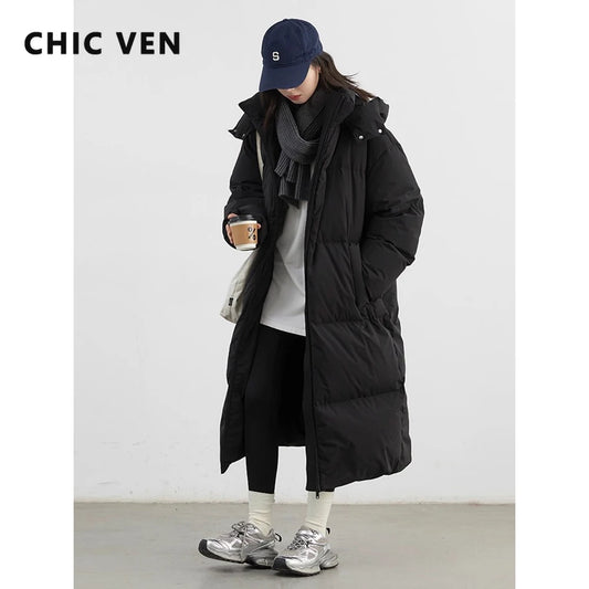 CHIC VEN Fashion Women Down Coats Hooded Thick Loose Solid Female 90 White Duck Down Jacket Ladies Topcoat Autumn Winter 2025