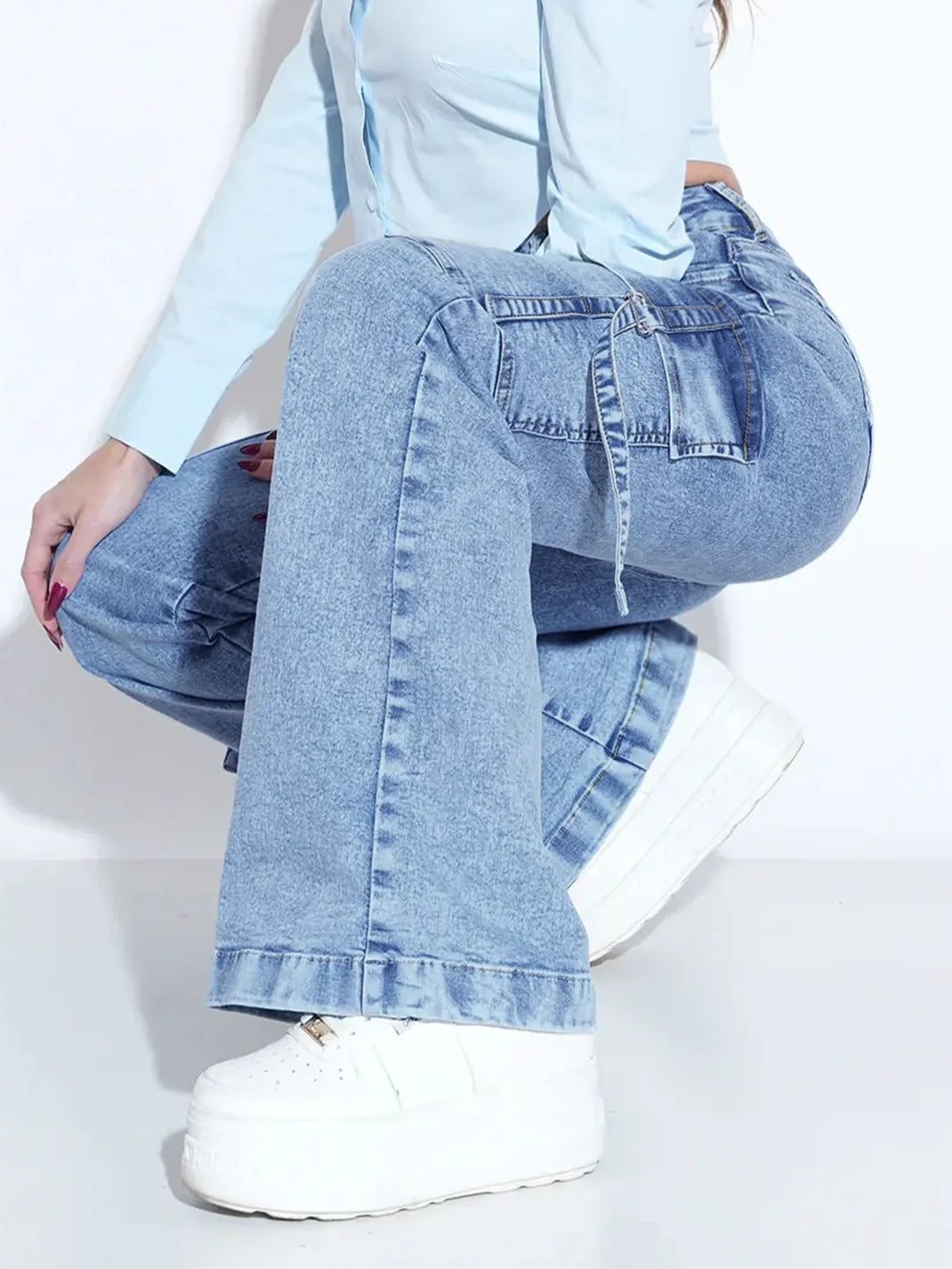 Women's Utility Denim Jeans - Multi-Pocket Work Pants, Washed Cargo Trousers for Durability and Style