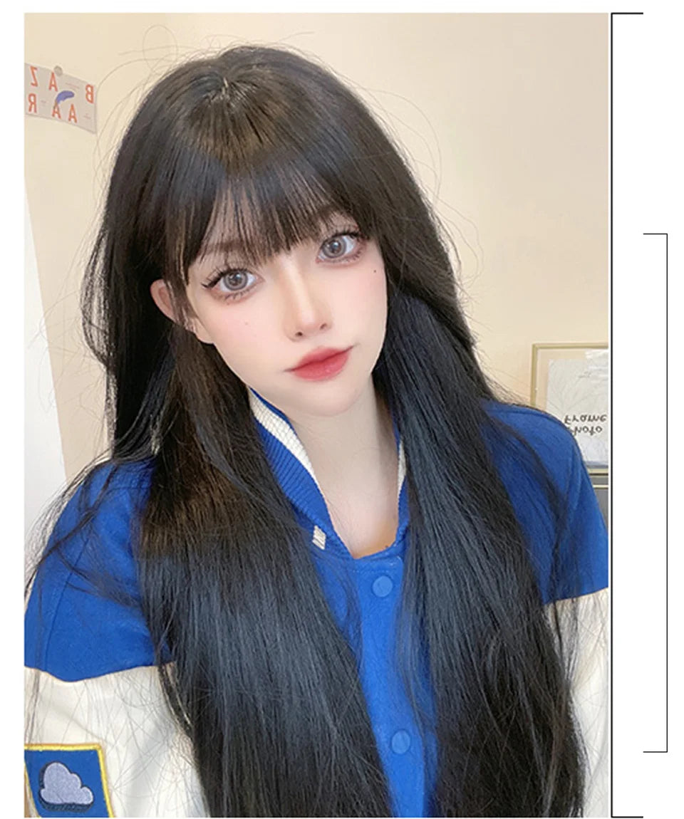 XIYUE Long Straight Black Wig With Bang Synthetic Wigs for Women Heat Resistant Natural Hair for Daily Halloween Cosplay Party