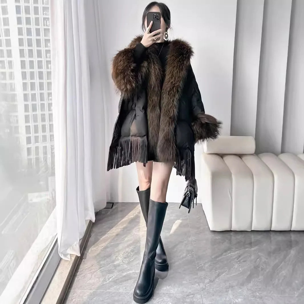 Down jacket for women in winter 2024, new cloak, oversized fur collar, medium to long loose white duck down jacket