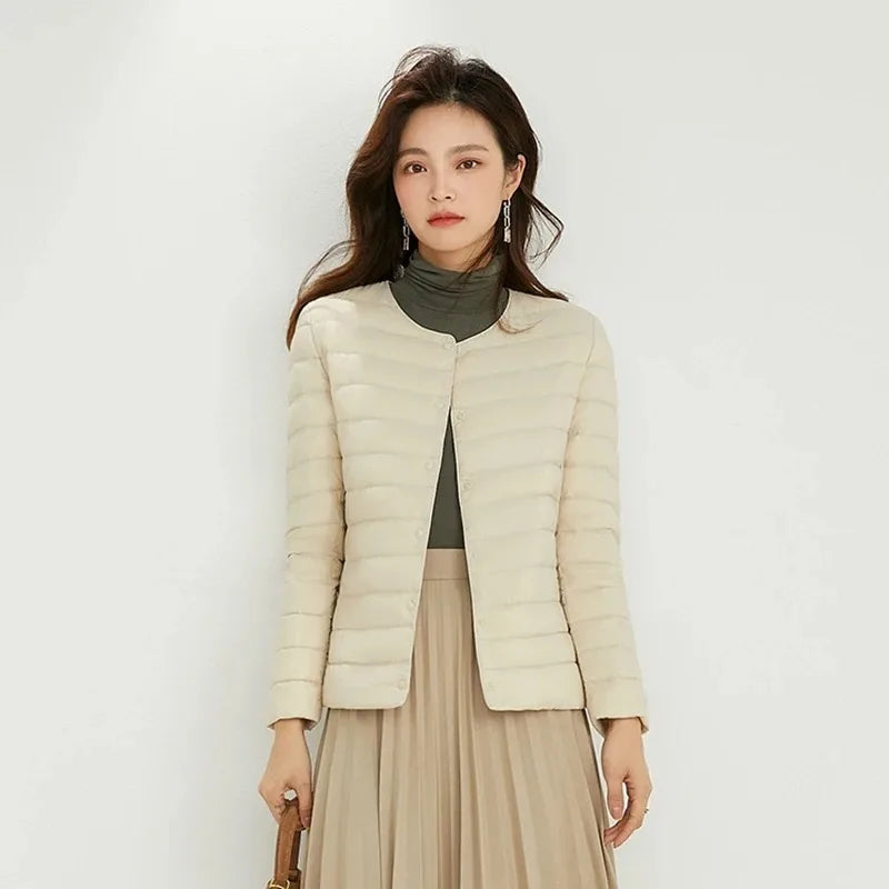 Light Down Coat Women Liner Duck Down Jacket O-neck Variable V-neck New Female Winter Collarless Ultralight Quilted Puffer Coat