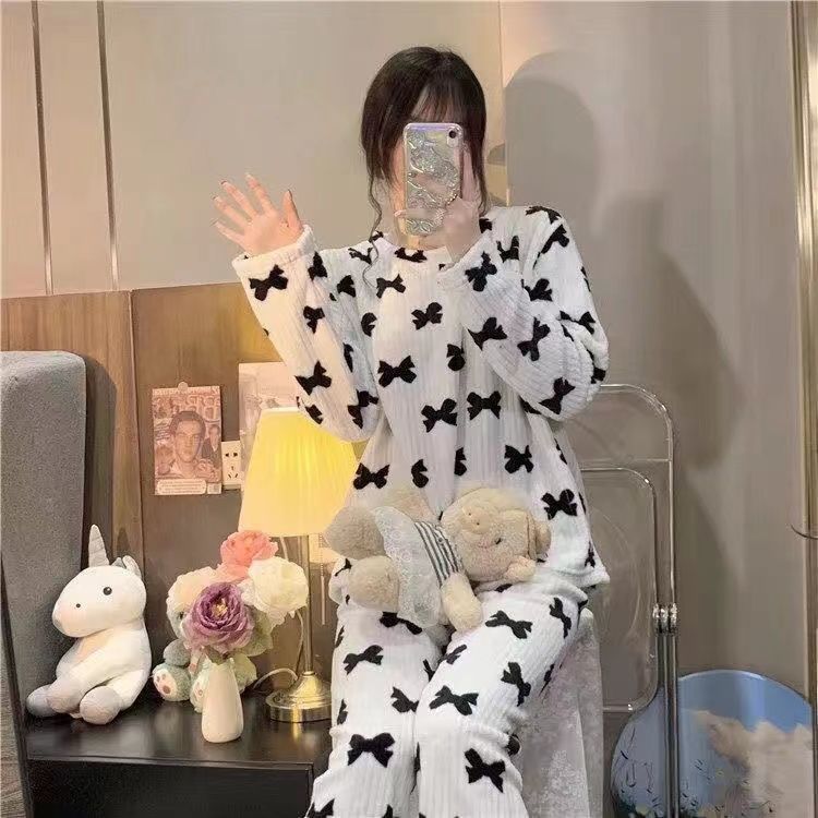 2022 Autumn Winter Warm Flannel Women Pyjamas Sets Thick Coral Velvet Long Sleeve Cartoon Sleepwear Thin Flannel Pajamas Set