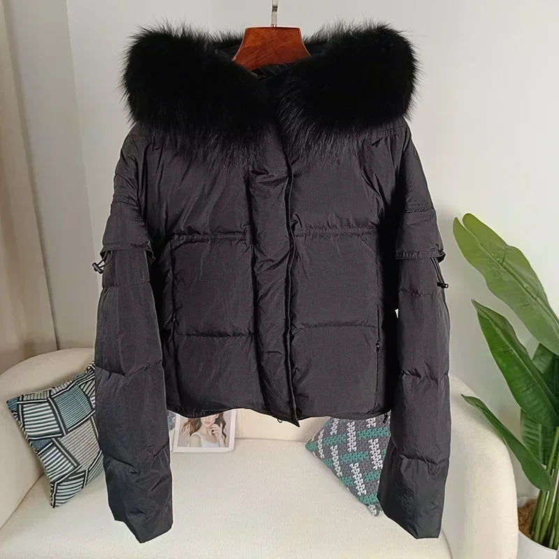 Outerwear Autumn Winter Women Hooded Fashionable Streetwear Detachable Sleeve Real Raccoon Fur Collar Jacket Duck Down Loose