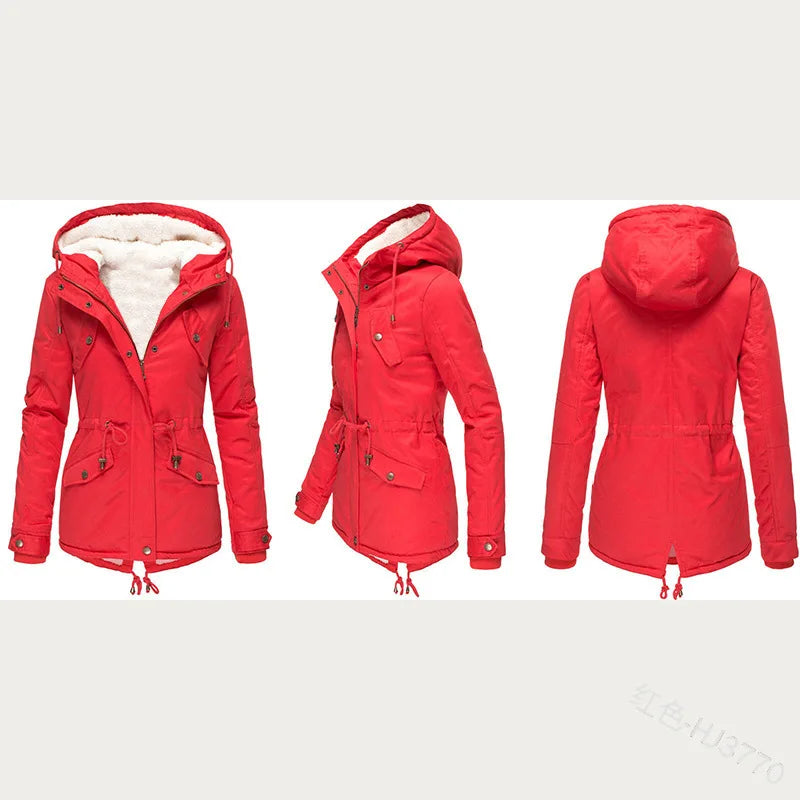 Women's Winter Jacket Warm Solid Plush Thickened Long Winter Coat Outdoor Hiking Hooded Casual Windproof Parka Coat Overcoat