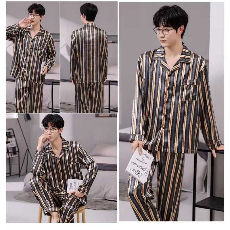 3XL-5XL 165KG Extra Large Size Pajamas Men Print Satin Long Sleeve Trouses Suit Spring Summer Fatty Fattening Loose Home Clothes