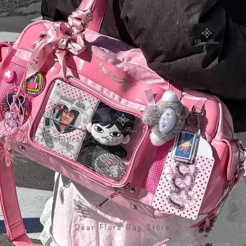 New Y2k Leopard Ita Shoulder Bag Lolita Girls Transparent Tote Bag Womens Large Capacity Crossbody Bag Cute DIY Display Handbags