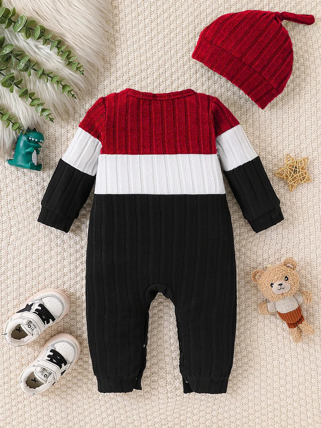 3 Colours Autumn Bodysuits Newborn Baby Boy Long Sleeve Colour Block Romper+Hat Simple Onesie Jumpsuit for Toddlers 1-18Months