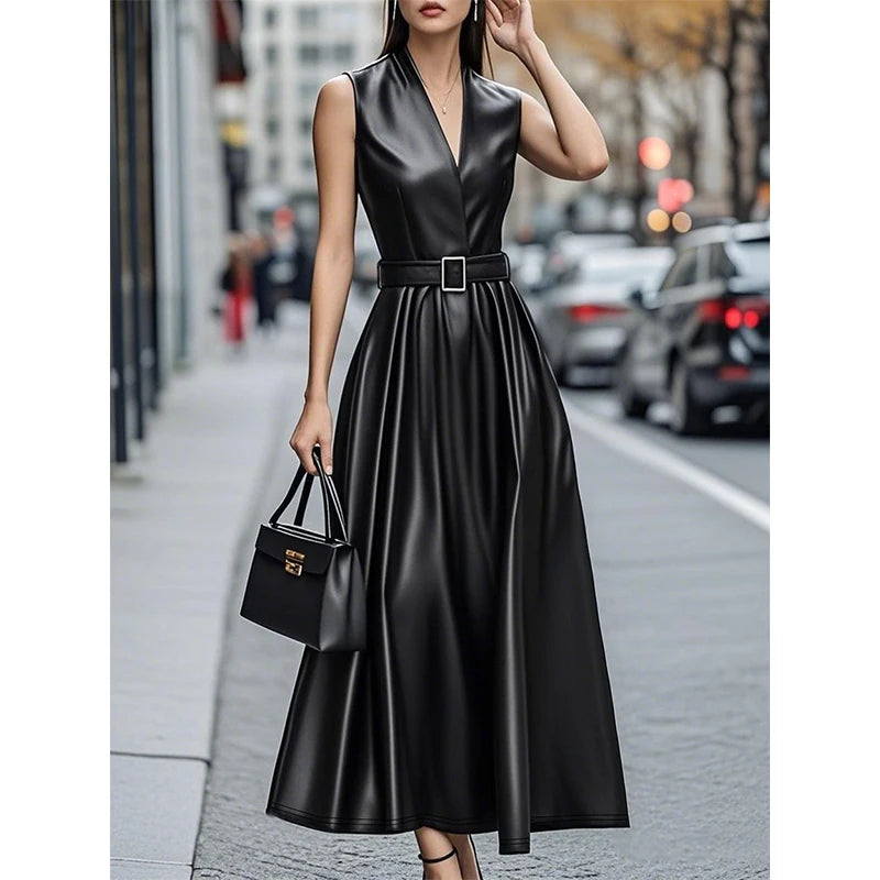 Summer Maxi Dresses for Women Sexy V-neck Black PU Leather Dress Women Sleeveless Slim Fit Elegant A-Line Dress With Blet