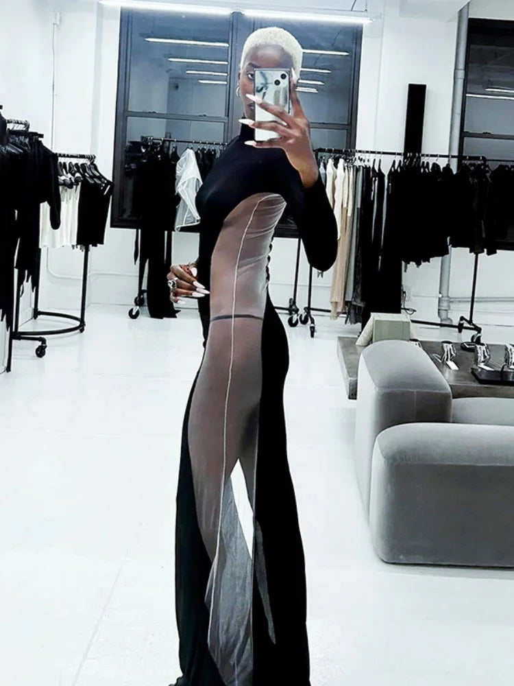 Black Maxi Dresses For Women Side See Through Vestidos Elegantes Para Mujer Slim One-Pieces Sexi Night Dress Hot Club Outfit
