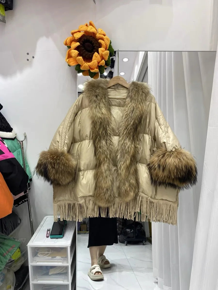 Down jacket for women in winter 2024, new cloak, oversized fur collar, medium to long loose white duck down jacket