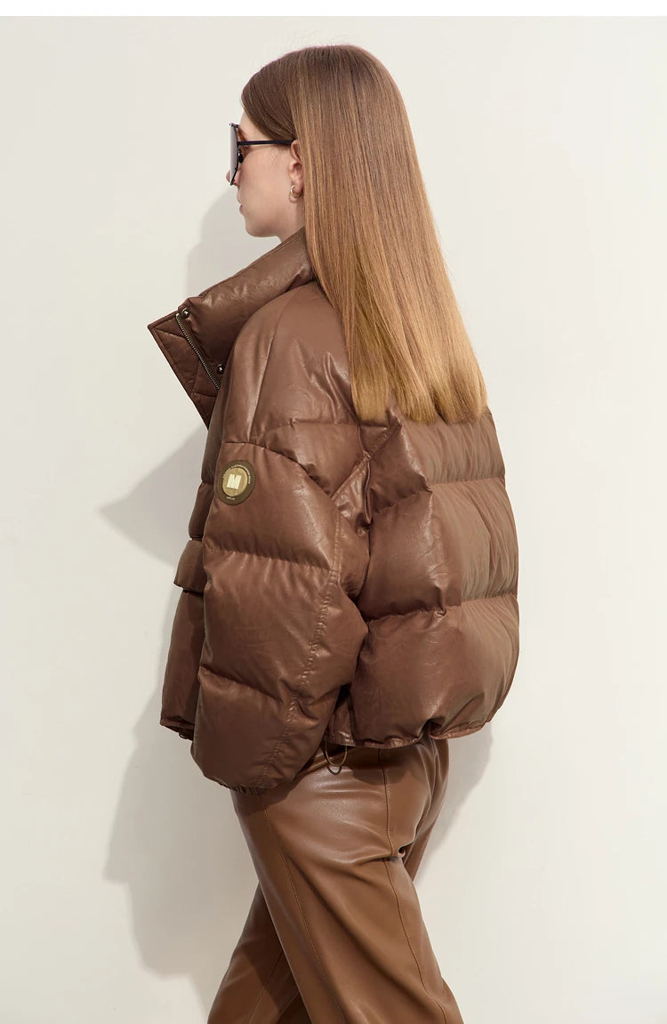 AMII Minimalist Women's Down Coat 2024 Winter Warm Thick Lapel Stand Collar Imitation Leather Duck Down Female Jacket 12444025