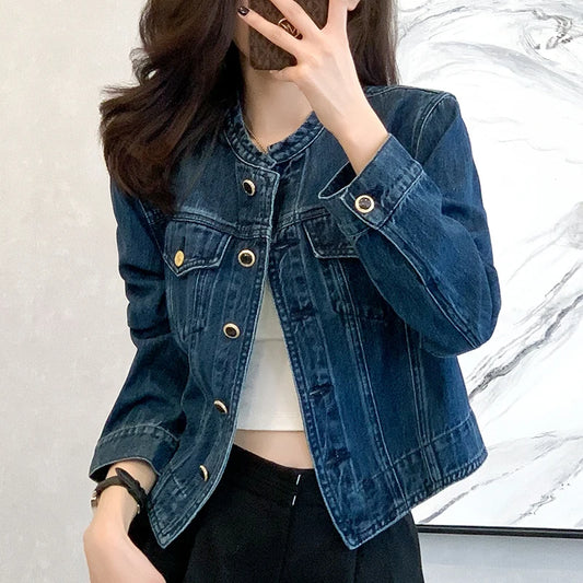 Vintage Women's O-Neck Denim Jacket Cropped Denim Jacket Long Sleeve Basic Single-Breasted Crop Jean Jacket Y2K Casual Coat Girl
