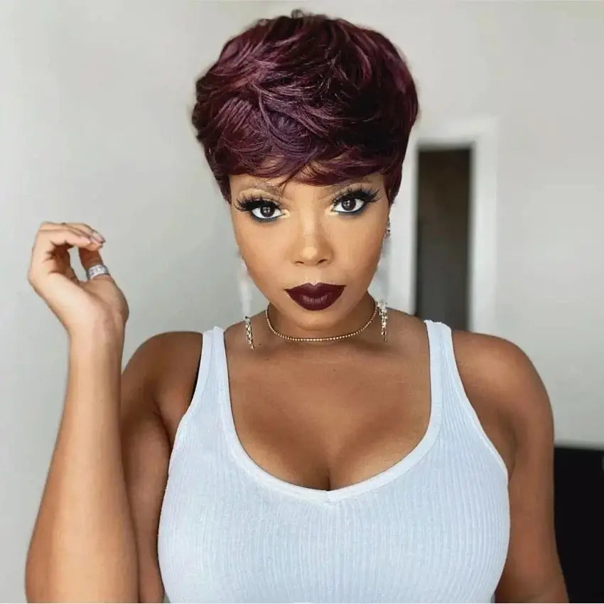 99J Colored Short Straight Bob Pixie Human Hair Wig Full Machine Made For Women Brazilian Remy Hair Burgundy Red Bob Wigs