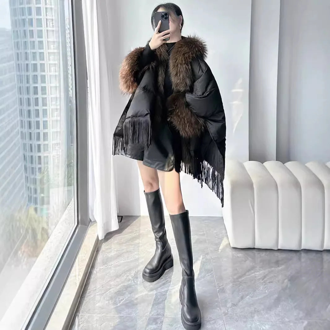 Down jacket for women in winter 2024, new cloak, oversized fur collar, medium to long loose white duck down jacket