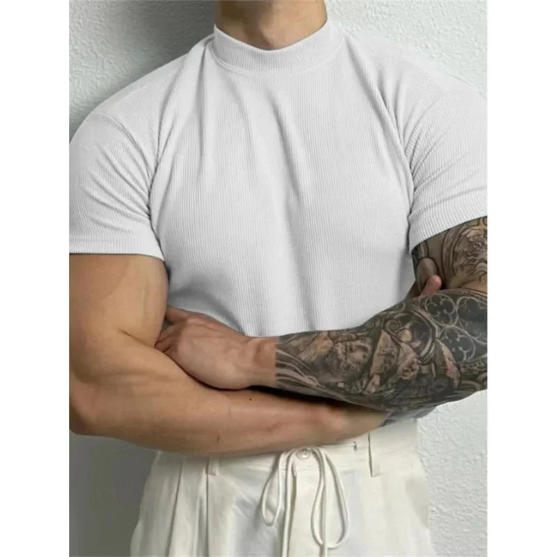 spring summer Elastic Comfortable Men's T-shirt Small high collar stripe shirt short sleeve fitness tops sports casual T-shirt