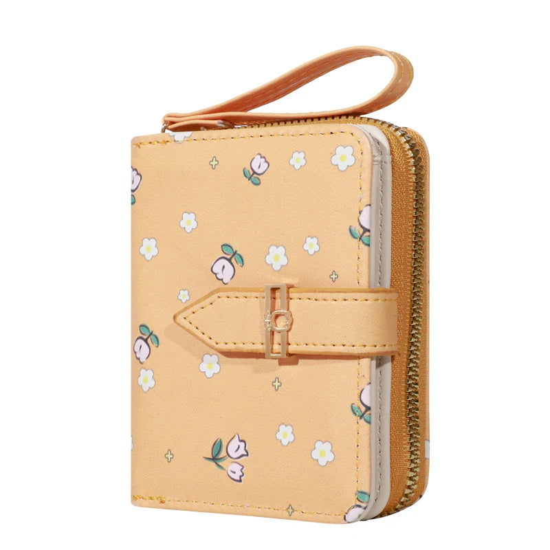 Flower patterned credit card holder for women or men's small card case with zipper hand-held wallet