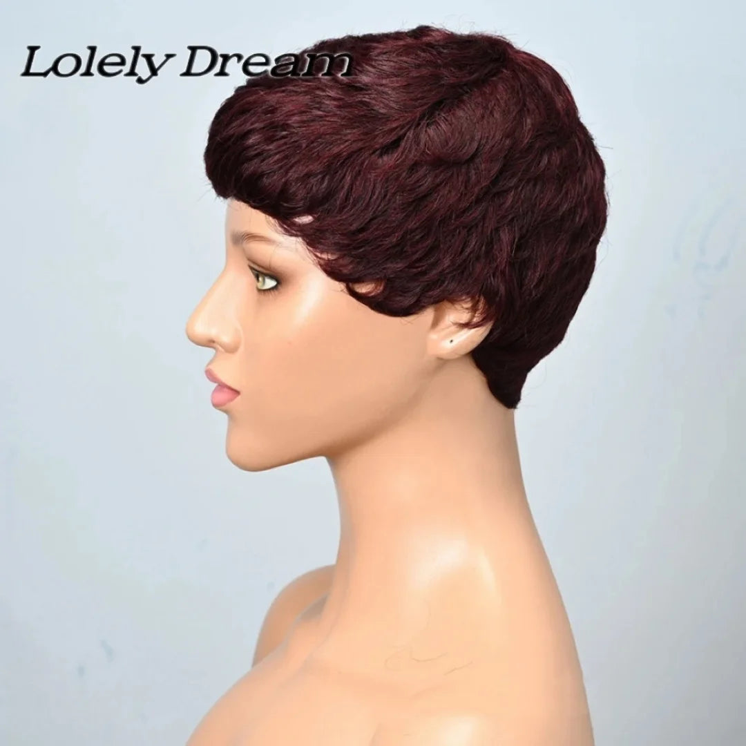 99J Colored Short Straight Bob Pixie Human Hair Wig Full Machine Made For Women Brazilian Remy Hair Burgundy Red Bob Wigs