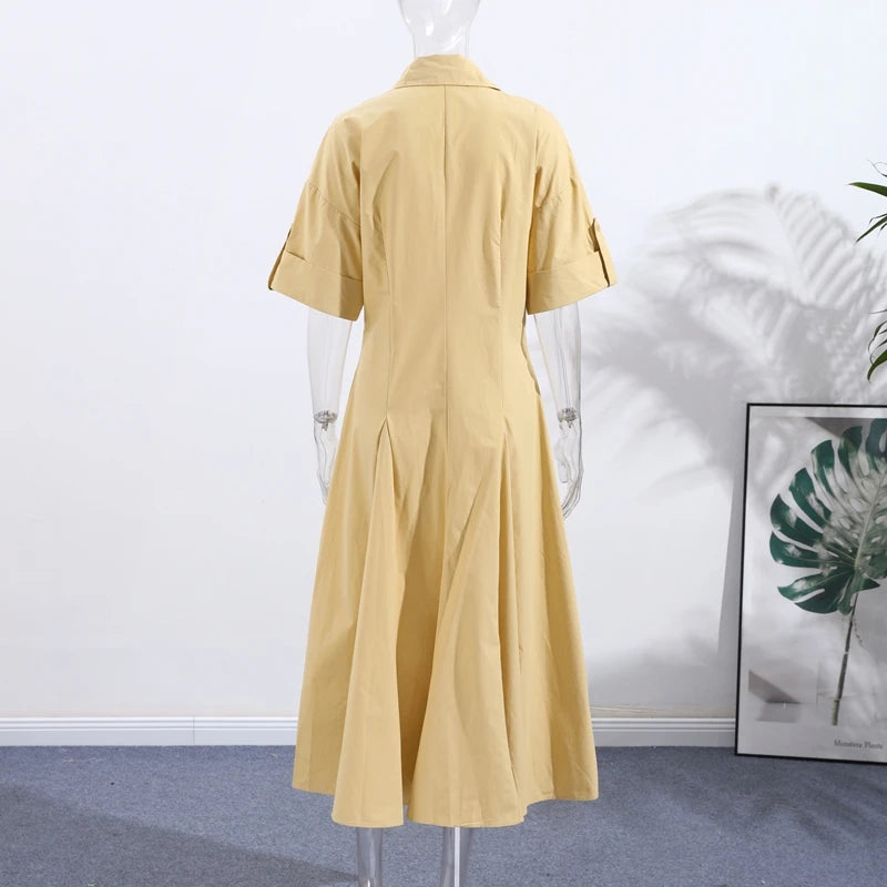 Elegant Single Breasted Khaki Long Dress Women Lapel Short Sleeve Pleat Slim Waist A-line Dresses 2025 Summer Autumn Lady Robes