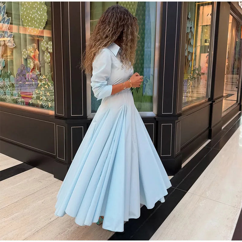 Elegant Single Breasted Khaki Long Dress Women Lapel Short Sleeve Pleat Slim Waist A-line Dresses 2025 Summer Autumn Lady Robes