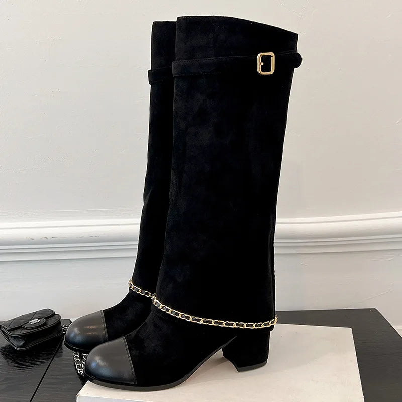 Arden Furtado 2024 Cowhide Mixed Colors Knee high boots Round toe Suede Pull-on Turned-over Edge Chunky heels Modern boots