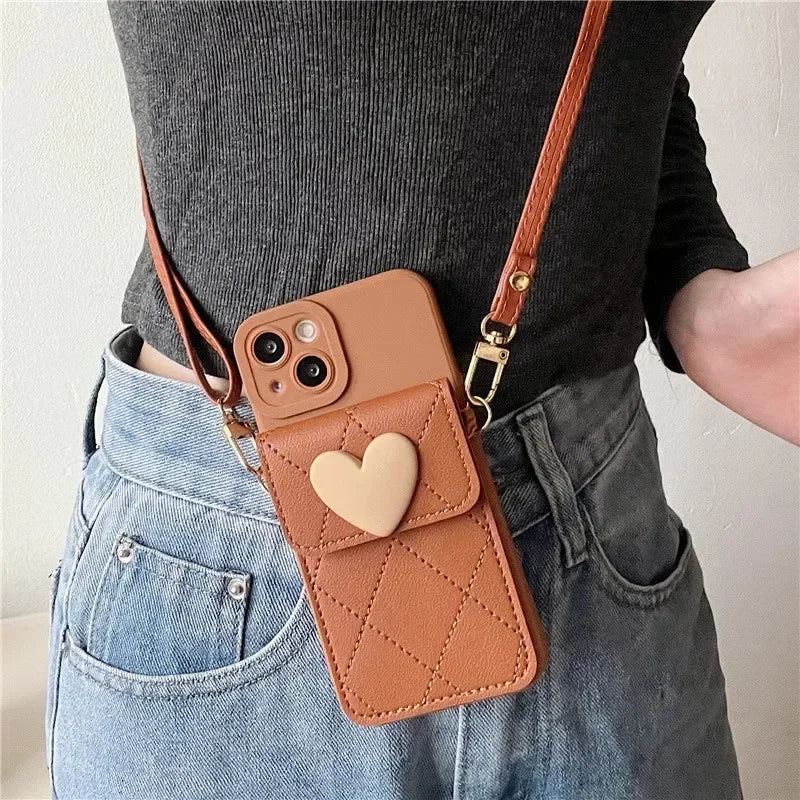 Cute Crossbody Lanyard Case For Xiaomi Redmi Note 14 Pro Plus 13 12 14C 13C Mi 14T X7 Strap Card Slots Phone 3D Love Heart Cover