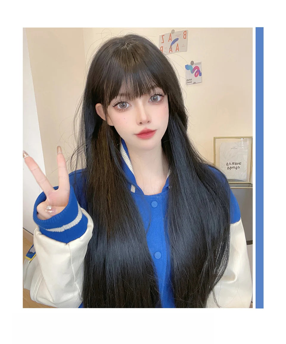 XIYUE Long Straight Black Wig With Bang Synthetic Wigs for Women Heat Resistant Natural Hair for Daily Halloween Cosplay Party