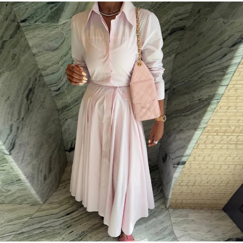 Elegant Single Breasted Khaki Long Dress Women Lapel Short Sleeve Pleat Slim Waist A-line Dresses 2025 Summer Autumn Lady Robes
