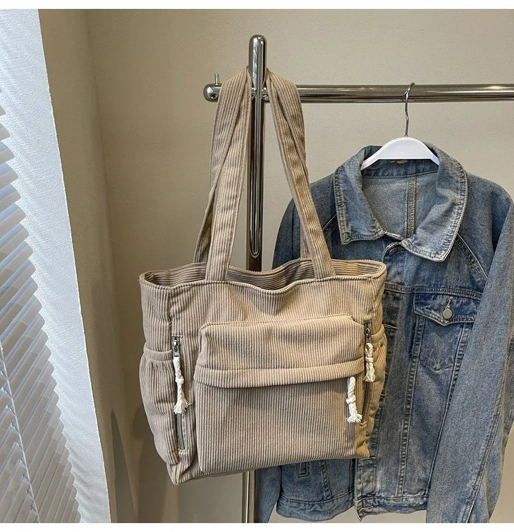 Multi-pocket Women's Bag Corduroy Shoulder Bag Large Capacity Simple Handbag For Female Shopping Bag
