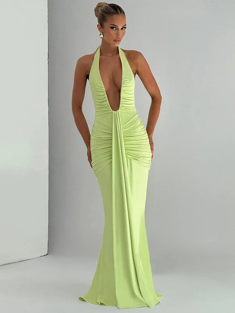 Deep V Neck Draped Ruched Sexy Maxi Dress Women Summer Fashion Halter Sleeveless Backless Club Party Long Dress Elegant