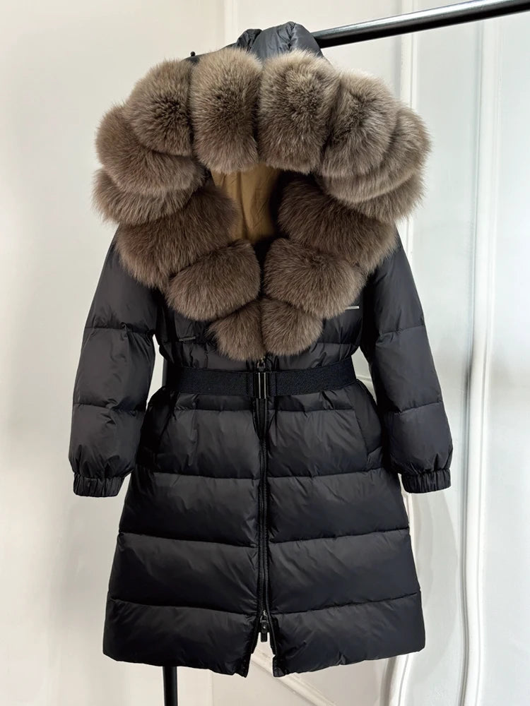Lagabogy 2025 Winter Puffer Jacket Women Real Fox Fur Hooded Collar Thick Warm Long White Duck Down Coat Loose Luxury Outerwear