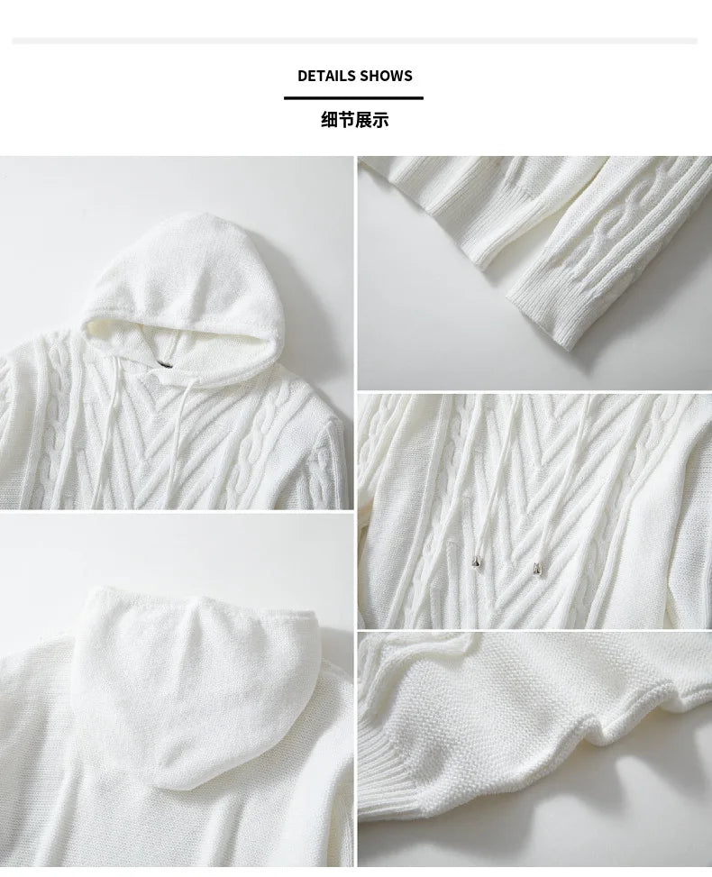 Sweatshirts Men Pullovers Sweaters Solid Casual Loose Splice Hooded Knitted Regular Thick Warm Tops Autumn Winter 2024