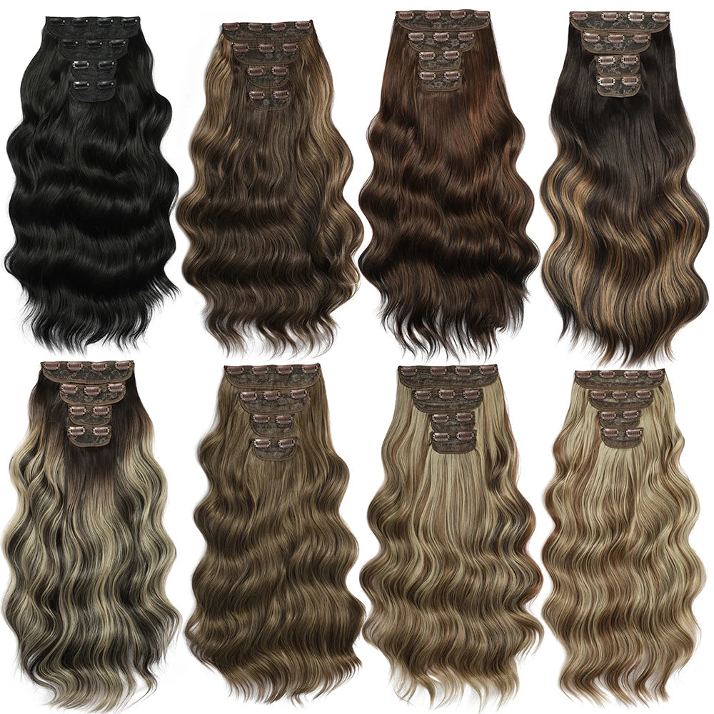 Clip In Hair Extensions 4PCS Full Head 22 Inch Long Curly Wavy Synthetic Hair Pieces Natural Wavy For Women Girls Hair