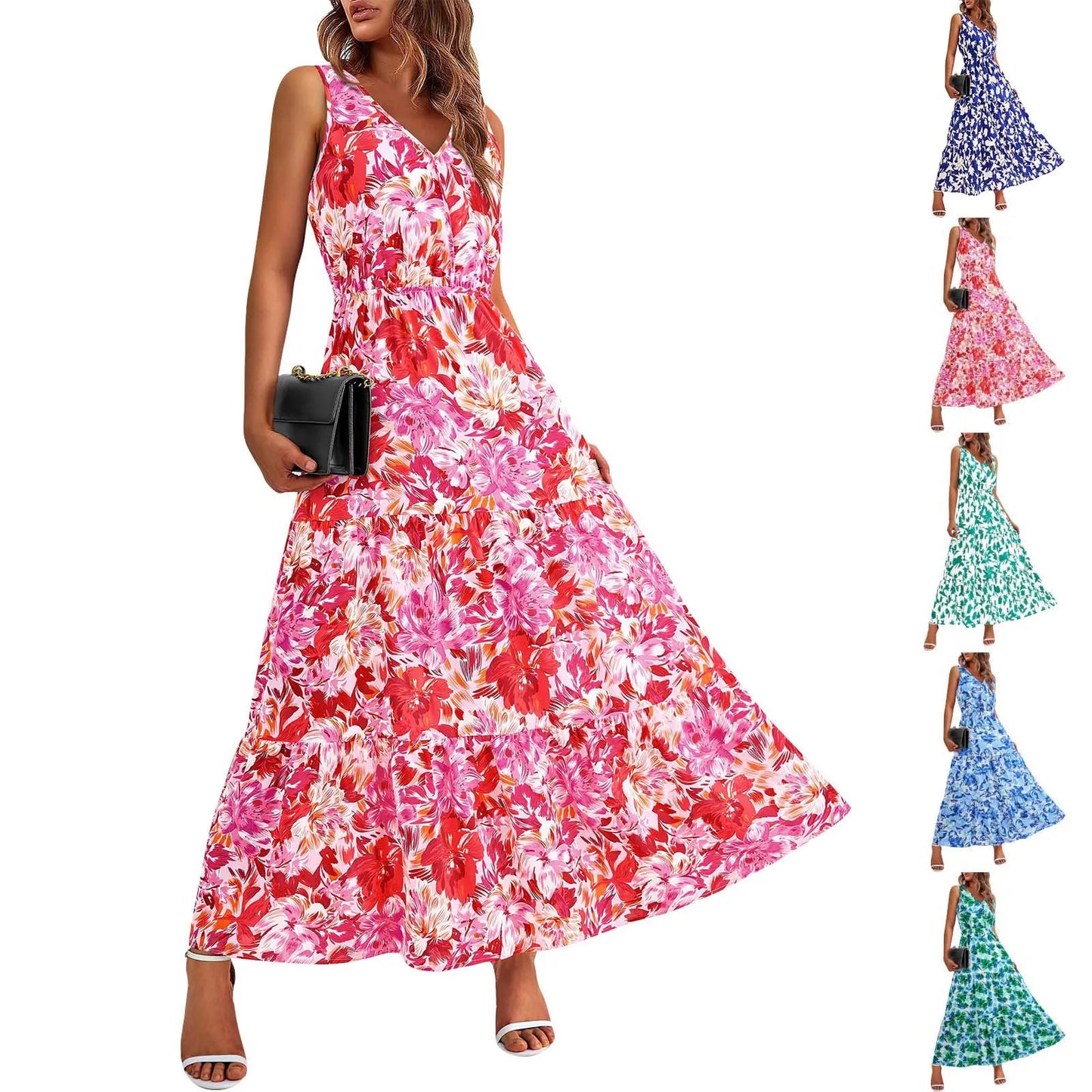 Maxi Dresses For Women Summer Tiered Ruffle Print Boho Beach Ladies Vestidos Evening Party Elegant Dress Vintage Long Dress