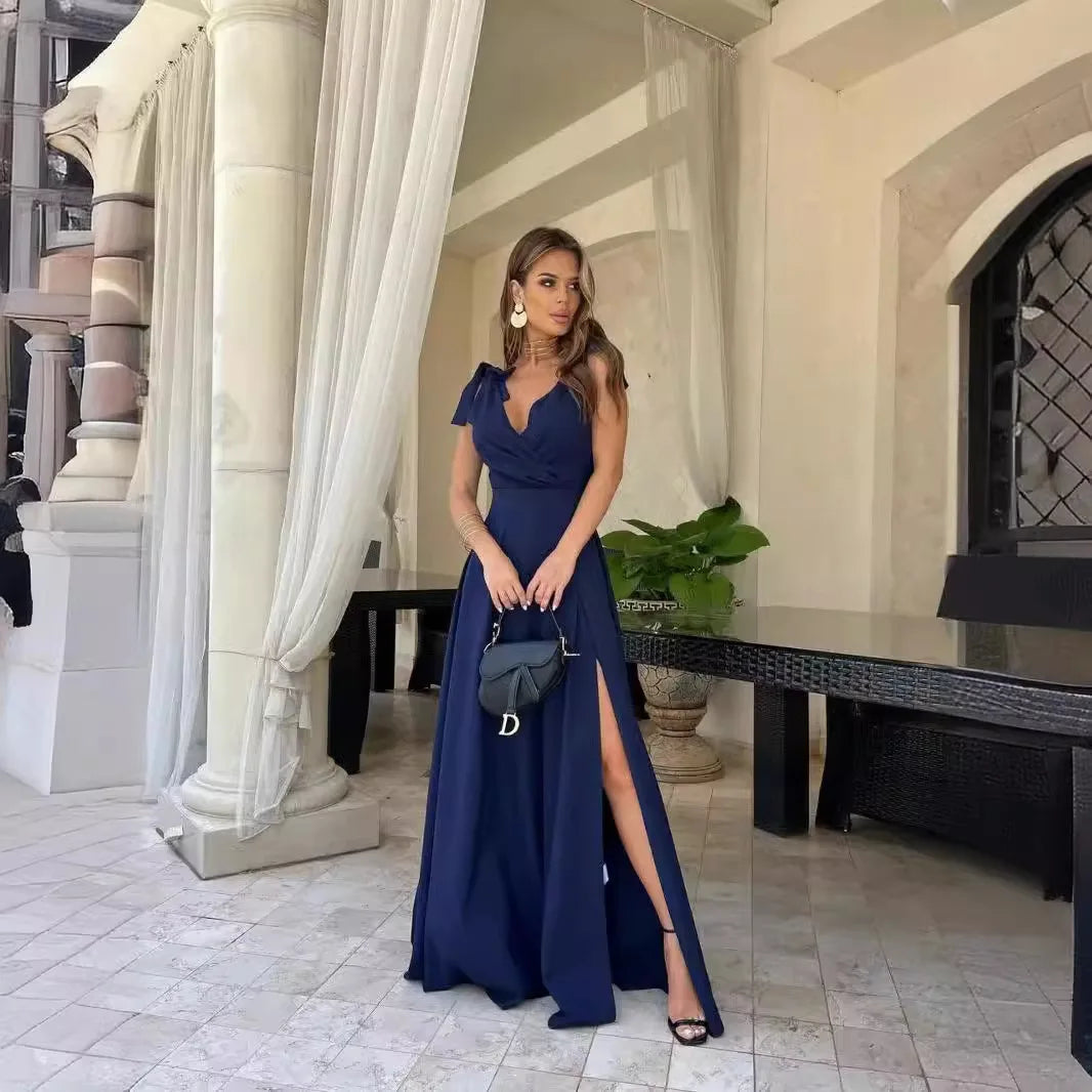 Elegant Summer Maxi Dress for Women High Waist V-Neck Bowknot Strap Side Split Long Evening Party Gown Female Cross Design