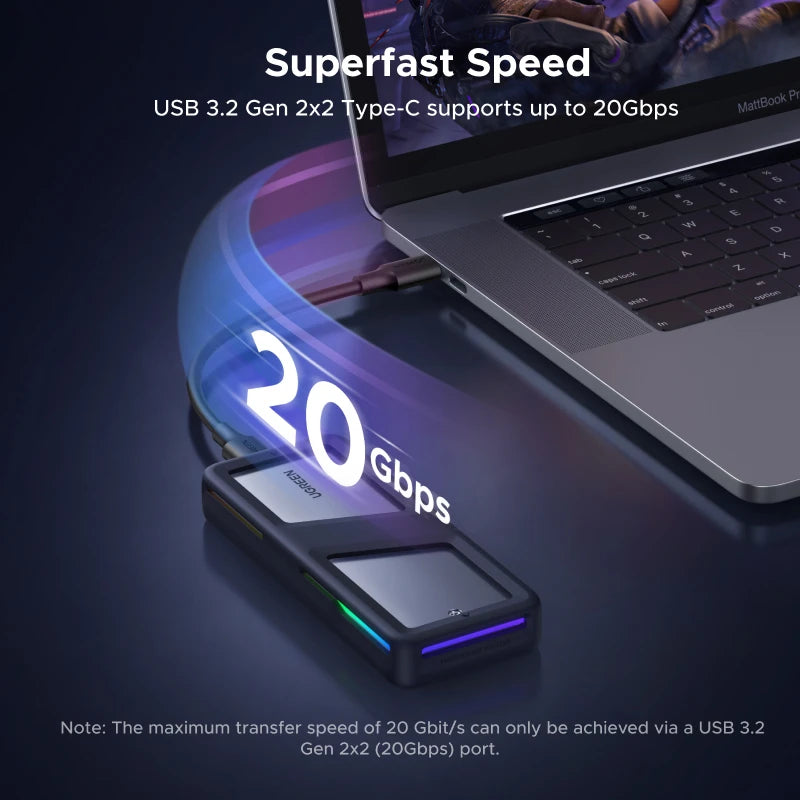 UGREEN 20Gbps M.2 SSD Case NVMe SATA SSD Enclosure Adapter USB 3.2 Gen2 External Enclosure Supports RGB Lighting effect